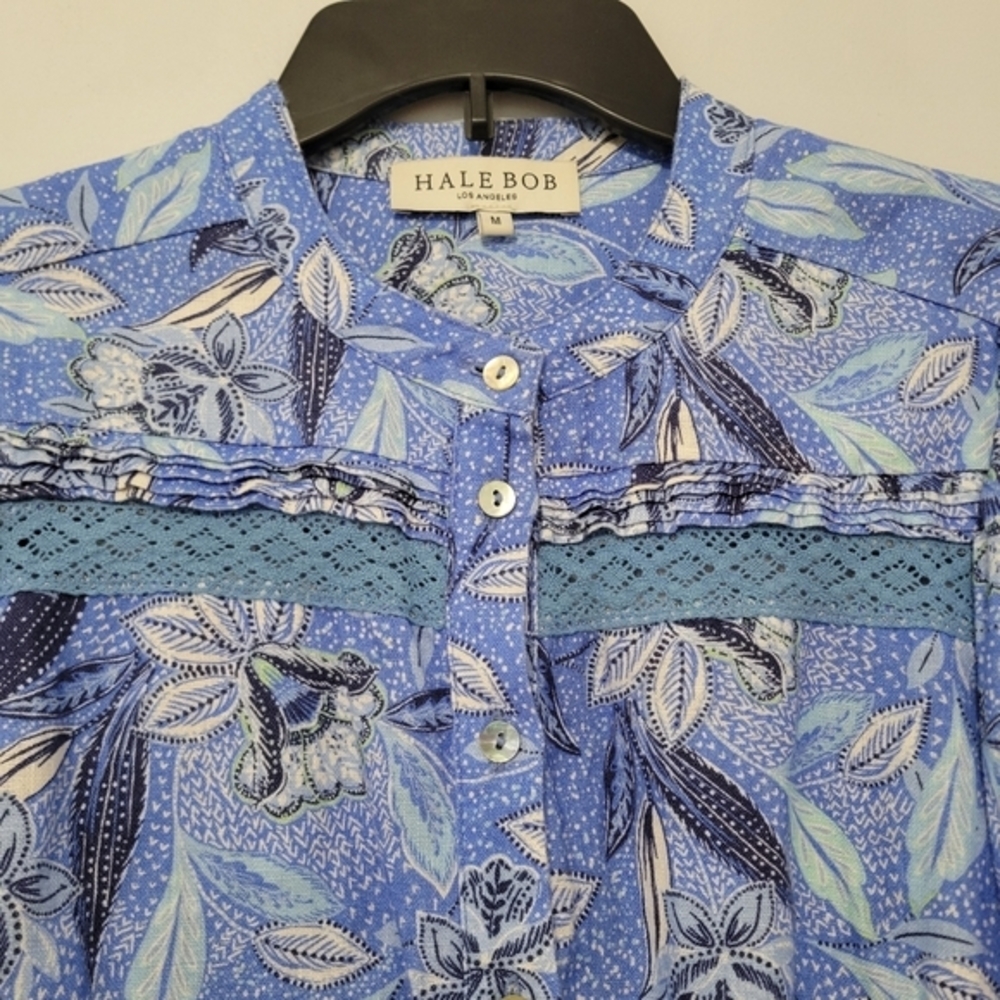 Hale Bob Women's Angelina Linen‎ Top Size M Periwinkle Blue Floral Euro Summer - Picture 5 of 13